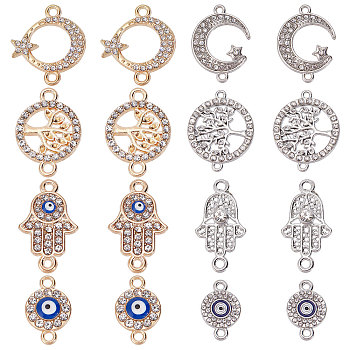 32Pcs 8 Styles Alloy Crystal Rhinestone Connector Charms, Ring & Moon & Evil Eye & Hamsa Hand, Mixed Shapes, Mixed Color, 8~29.5x11~25x2~4mm, Hole: 1mm, 4pcs/style
