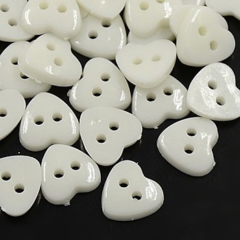 Acrylic Heart Buttons, Plastic Sewing Buttons for Costume Design, 2-Hole, Dyed, White, 12x12x3mm, Hole: 1mm