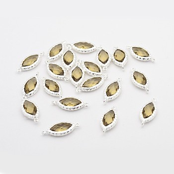 Silver Color Plated Brass Glass Links connectors, Faceted Horse Eye, Coffee, 20x9x4mm, Hole: 1mm
