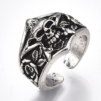 Alloy Cuff Finger Rings, Wide Band Rings, Skull, Antique Silver, US Size 9 3/4(19.5mm)