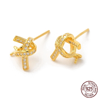 925 Sterling Silver Micro Pave Cubic Zirconia Stud Earing Findings, for Half Drilled Beads, with S925 Stamp, Real 18K Gold Plated, 10x10.5mm, Pin: 0.9mm and 11x0.9mm