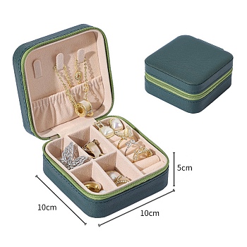 Square PU Leather Jewelry Organizer Zipper Boxes, Portable Travel Jewelry Case with Velvet Inside, for Earrings, Necklaces, Rings, Dark Green, 10x10x5cm