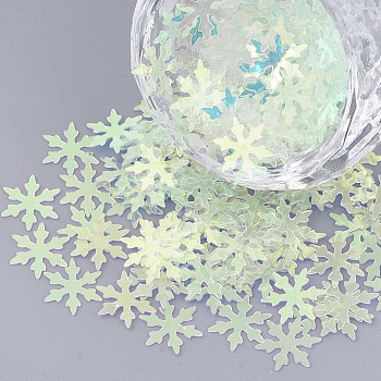 Ornament Accessories, PVC Plastic Paillette/Sequins Beads, No Hole/Undrilled Beads, Christmas Snowflake, Light Green, 9.5x8x0.4mm, about 800pcs/bag