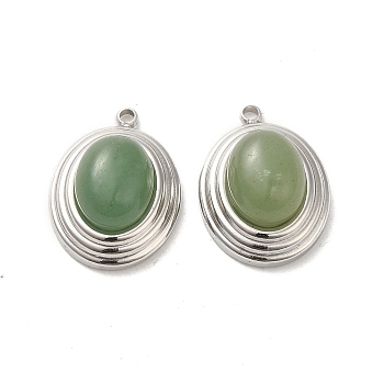 Natural Green Aventurine Pendants, 304 Stainless Steel Oval Charms, Stainless Steel Color, 18.5x13.5x8mm, Hole: 1.4mm