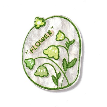 Flower Theme Printed Acrylic Cabochons, Lime Green, 35x27.5x2.5mm