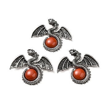 Natural Red Jasper Big Pendants, Dragon Charms, with Rack Plating Antique Silver Tone Alloy Findings, Cadmium Free & Lead Free, 49x56x12mm, Hole: 6~6.5mm