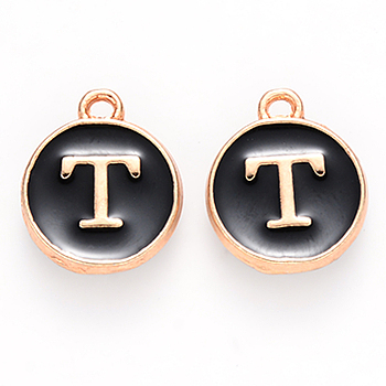 Golden Plated Alloy Charms, Cadmium Free & Lead Free, with Enamel, Enamelled Sequins, Flat Round with Letter, Black, Letter.T, 14x12x2mm, Hole: 1.5mm