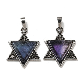 Natural Fluorite Pendants, Star of David Charms, with Antique Silver Tone Alloy Findings, Cadmium Free & Lead Free, 29x23.5x5mm, Hole: 7x5mm