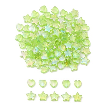 100Pcs 2 Style Eco-Friendly Transparent Acrylic Beads, Heart/Star, Dyed, AB Color, Lawn Green, 8~10x8~10x3~4mm, Hole: 1.5mm, 50pcs/style