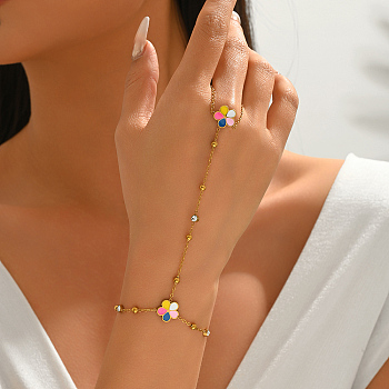 Stainless Steel Enamel Link Ring Bracelets, Rhinestone Link Chain Bracelets for Women, Flower, Real 18K Gold Plated, Colorful, 6.50 inch(16.5cm)