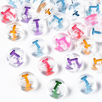 Transparent Clear Acrylic Beads, Horizontal Hole, Flat Round with Mixed Color Letter, Letter.T, 7x3.5mm, Hole: 1.2mm, about 3700pcs/500g