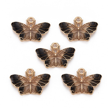 Alloy Enamel Pendants, Light Gold, Cadmium Free & Nickel Free & Lead Free, Butterfly, Black, 15x22x3mm, Hole: 1.6mm