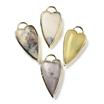Natural Grey Opal Pendants, Rack Plating Brass Heart Charms, Golden, 38x19x7.3~7.8mm, Hole: 4.7x6.5mm