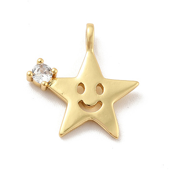 Star with Smiling Face Brass Micro Pave Clear Cubic Zirconia Pendants, Cadmium Free & Lead Free, Golden, 17x16x2.8mm, Hole: 1.8mm
