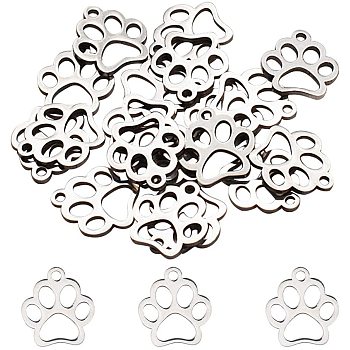 304 Stainless Steel Charms, Dog Paw Prints, Stainless Steel Color, 12.9x11.8x1mm, Hole: 1.5mm, 20pcs/box