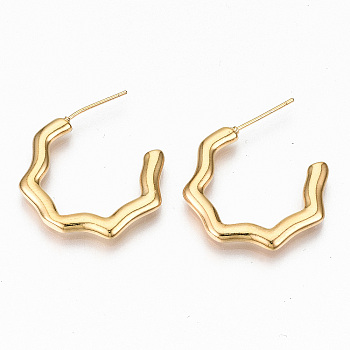 Brass Half Hoop Earrings, Stud Earring, Nickel Free, Wave, Real 18K Gold Plated, 26.5x25mm, Pin: 0.7mm