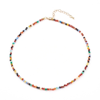Faceted Natural Agate Beaded Necklaces, with Brass Lobster Claw Clasps, Round, Golden, Colorful, 15.55 inch(39.5cm)