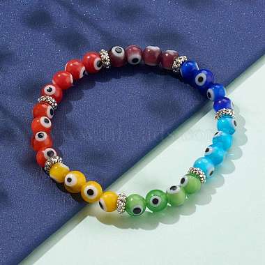 Радуга круглые сглаз лэмпворк стрейч браслеты из бисера для детей(BJEW-JB05940)-3