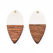 Opaque Resin & Walnut Wood Pendants, Teardrop Shape Charm, White, 38x18x3mm, Hole: 2mm(RESI-N025-031-B05)