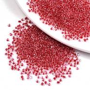 12/0 Glass Seed Beads, Transparent Inside Colours, Round Hole, Round, Crimson, 12/0, 2~2.5x1.5~2mm, Hole: 0.8mm, about 30000pcs/bag(SEED-A014-2mm-132B)