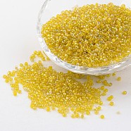 Round Trans. Colors Rainbow Glass Seed Beads, Yellow, 
Size: about 2mm in diameter, hole:1mm, about 3306pcs/50g(X-SEED-A007-2mm-170)