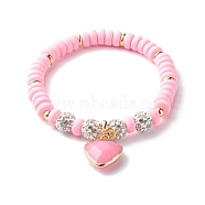 Handmade Polymer Clay Beads Stretch Bracelets, with Electroplate Natural White Jade Heart Charms, Polymer Clay Rhinestone & Brass Beads, Pearl Pink, 1/4 inch(0.65cm), Inner Diameter: 2-1/4 inch(5.85cm)(BJEW-JB06552)