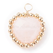 Alloy Faceted Natural Rose Quartz Beads Pendants, with KC Golde Copper Wire and Real 18K Gold Plated Beads, Heart, 25.5x21x8mm, Hole: 4mm(PALLOY-JF01299)