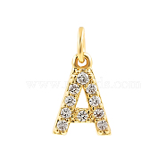 Brass Cubic Zirconia Pendants with Jump Rings, Real 18K Gold Plated, Letter A, 15.5x9.8x2.2mm, Hole: 2.8mm(FIND-PW0024-09A)