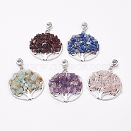 Natural Mixed Gemstone European Dangle Charms, Large Hole Pendants, with Antique Silver Plated Alloy Findings, Flat Round with Tree, 54.5mm, Hole: 4.5~5mm, Pendant: about 42.5~43x38.5~39.5x5~6mm(PALLOY-JF00353)