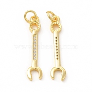 Rack Plating Brass Micro Pave Cubic Zirconia Tool Pendants, Cadmium Free & Lead Free, Wrench Charm, with Jump Ring, Real 18K Gold Plated, 27x6x2mm, Hole: 3.4mm(KK-I699-11G)