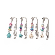Tibetan Style Alloy Mermaid Bookmarks, with Dyed Synthetic Turquoise Beads, Starfish & Turtle, Antique Silver, 78mm, 4pcs/set(AJEW-JK00209)