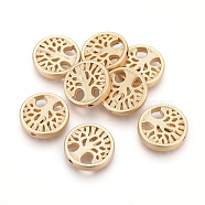 Alloy Beads, Flat Round with Tree of Life, Lead Free & Nickel Free & Cadmium Free, Real 18K Gold Plated, Matte Gold Color, 18x4mm, Hole: 1.5mm(TIBEB-Q067-26MG-NR)