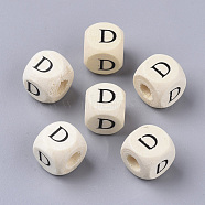 Printed Natural Wood Beads, Horizontal Hole, Cube with Initial Letter, PapayaWhip, Letter.D, 10x10x10mm, Hole: 3.5mm, about 1000pcs/500g(WOOD-T026-001D)