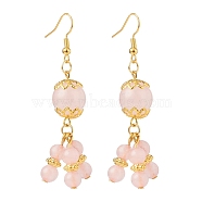 Natural Rose Quartz Round Beaded Cluster Long Dangle Earrings, Gold Plated Brass Jewelry for Women, 64~65mm, Pin: 0.5mm(EJEW-JE05026)