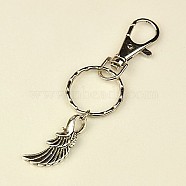 Tibetan Style Wing Keychain, with Iron Key Clasp Findings and Alloy Swivel Clasps, Antique Silver, 90mm(KEYC-JKC0009-06)
