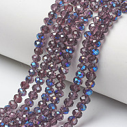 Electroplate Glass Beads Strands, Half Plated, Blue Plated, Faceted, Rondelle, Purple, 6x5mm, Hole: 1mm, about 85~88pcs/strand, 16.1~16.5 inch(41~42cm)(X-EGLA-A034-T6mm-I09)