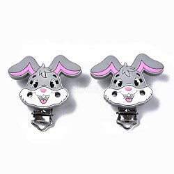 Food Grade Eco-Friendly Silicone Baby Pacifier Holder Clips, with 304 Stainless Steel Clips, Rabbit, Silver, 56x55x21mm, Hole: 4mm(SIL-N002-13A)