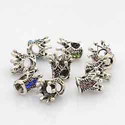 Crown Antique Silver Tone Alloy Rhinestone Beads, Large Hole Beads, Mixed Color, 10x8x8mm, Hole: 4mm(ALRI-N025-02)