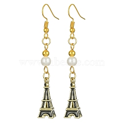 Alloy Enamel Eiffel Tower Dangle Earrings with Imitation Pearl Beaded, Golden Long Drop Earrings with Iron Earring Pins, Black, 64x9mm(EJEW-JE05422-04)