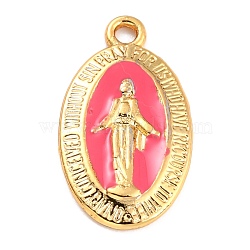 Golden Alloy Enamel Pendants, Long-Lasting Plated, Our Lady of the Miraculous Medal, Oval, Fuchsia, 21x12x1.5mm, Hole: 1.7mm(KK-P197-16D)
