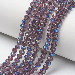 Electroplate Glass Beads Strands, Half Plated, Blue Plated, Faceted, Rondelle, Purple, 6x5mm, Hole: 1mm, about 85~88pcs/strand, 16.1~16.5 inch(41~42cm)(X-EGLA-A034-T6mm-I09)