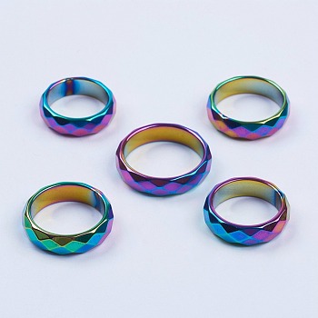 Non-magnetic Synthetic Hematite Rings, Faceted, Wide Band Rings, Multi-color Plated, Size 11, 20.5mm, 6mm