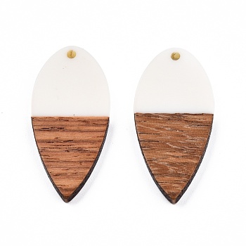 Opaque Resin & Walnut Wood Pendants, Teardrop Shape Charm, White, 38x18x3mm, Hole: 2mm