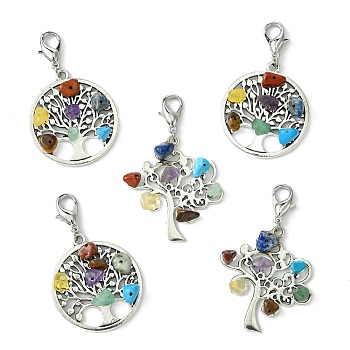 10Pcs 2 Styles Tibetan Style Alloy Pendant Decorations, with Natural Chakra Mixed Gemstone Chips, Flat Round with Tree of Life, 55~58mm, 5pcs/style