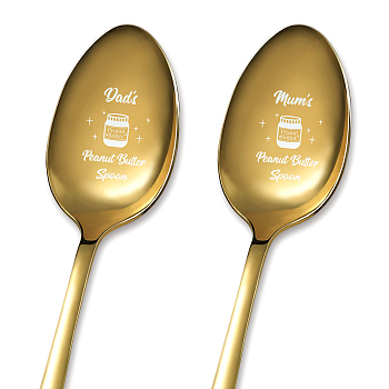 Stainless Steel Spoons Set, with Packing Box, Word Dad’s Peanut Butter Spoon & Mum’s Peanut Butter Spoon, Golden Color, Bottle Pattern, 182x43mm, 2pcs/set
