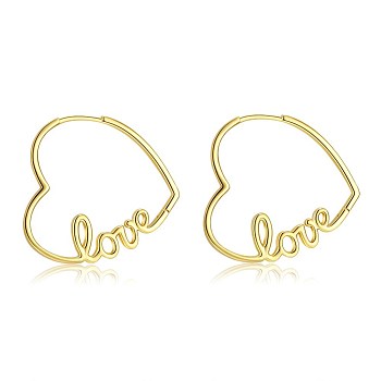 Brass Huggie Hoop Earrings, Heart with Word Love, for Valentine's Day, Golden, 29x32x2mm, Pin: 1mm