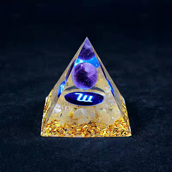 Resin Orgonite Pyramid Home Display Decorations, with Natural Amethyst/Natural Gemstone Chips, Constellation, Scorpio, 50x50x50mm