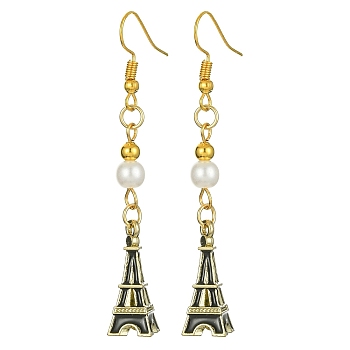 Alloy Enamel Eiffel Tower Dangle Earrings with Imitation Pearl Beaded, Golden Long Drop Earrings with Iron Earring Pins, Black, 64x9mm