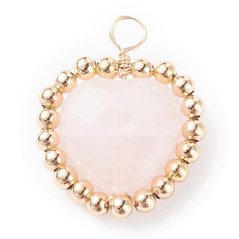 Alloy Faceted Natural Rose Quartz Beads Pendants, with KC Golde Copper Wire and Real 18K Gold Plated Beads, Heart, 25.5x21x8mm, Hole: 4mm