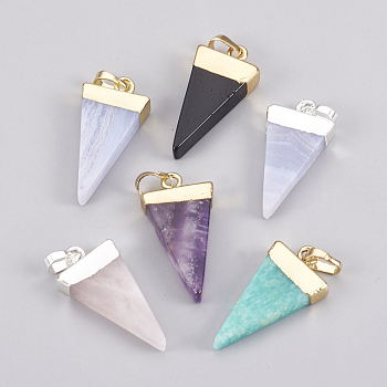 Natural Mixed Stone Pendants, with Brass Findings, Triangle, Dyed & Heated, 27~29x12~13x4~5mm, Hole: 4x6mm
